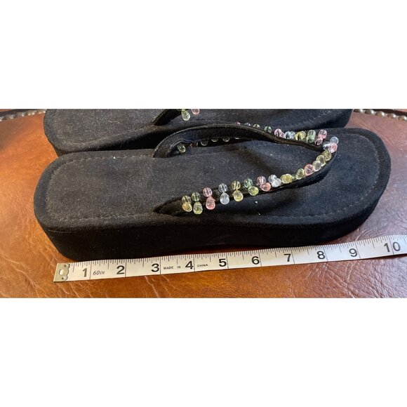 Black Multicolor Beaded Platform Thong Flip Flop Slip On Shoes Sz XL - Picture 6 of 7